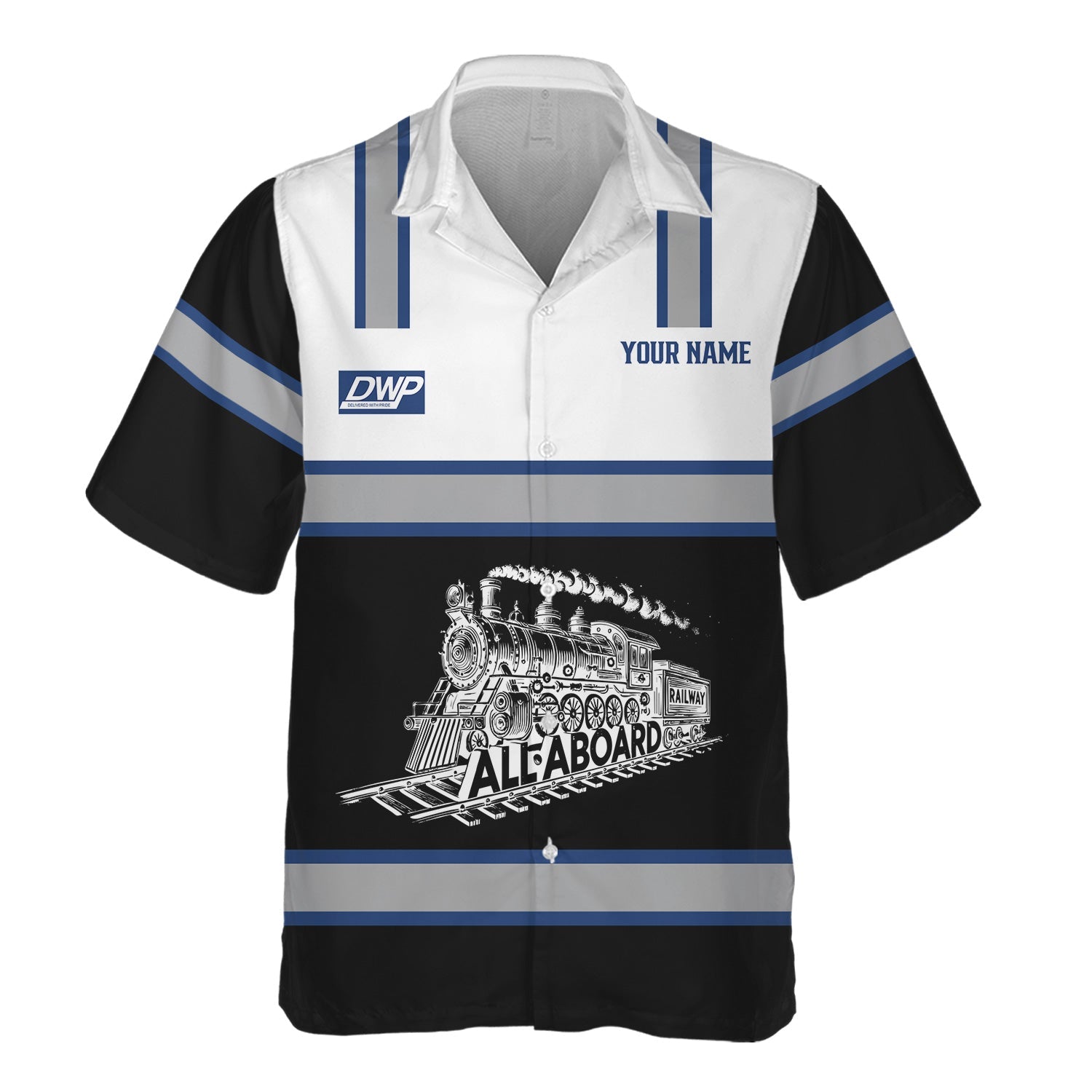 Railspirit Custom Name Duluth, Winnipeg and Pacific Railway Hawaiian Shirt Eat Train Sleep Repeat Printed Train Shirt