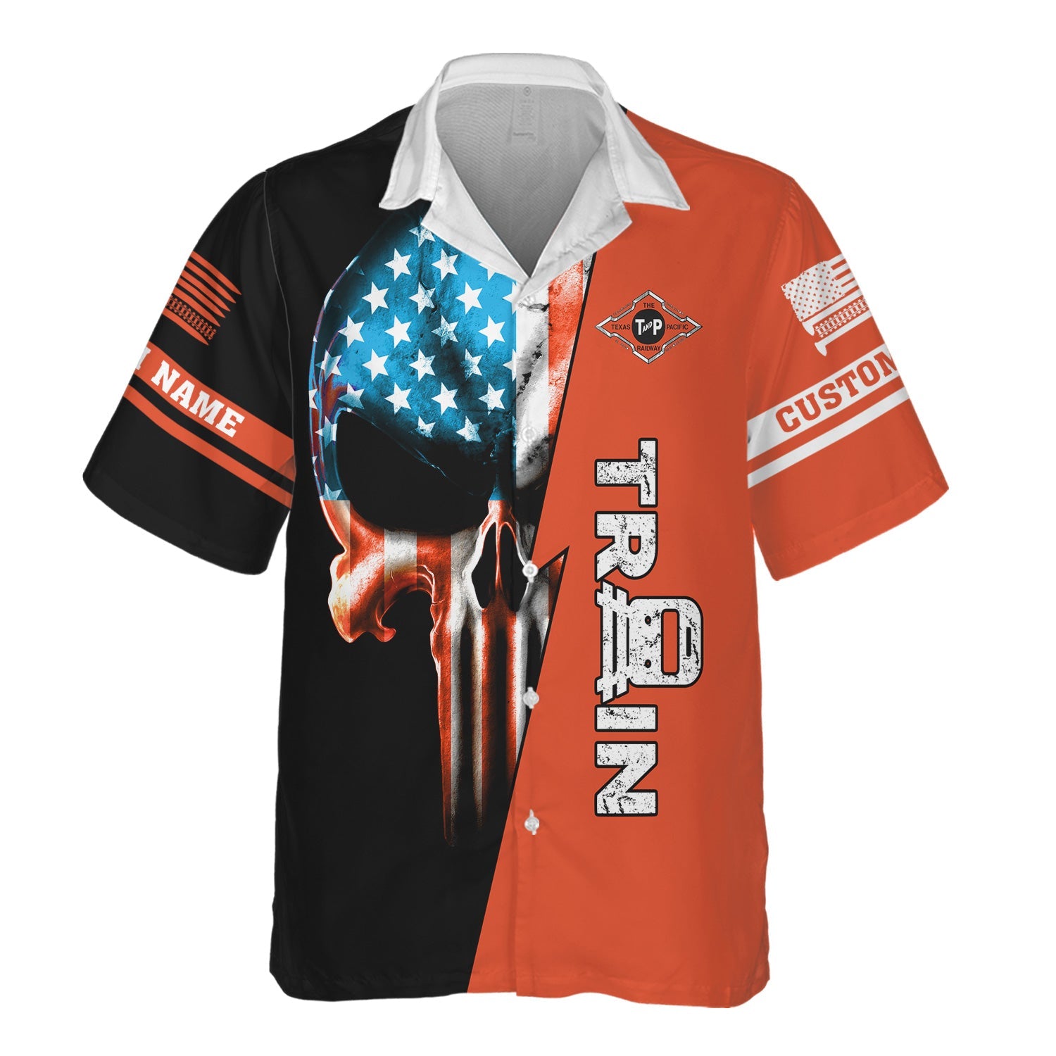 Railspirit Personalized Texas and Pacific Railway Hawaiian Shirt Train Skull American Flag Shirt All Over Print