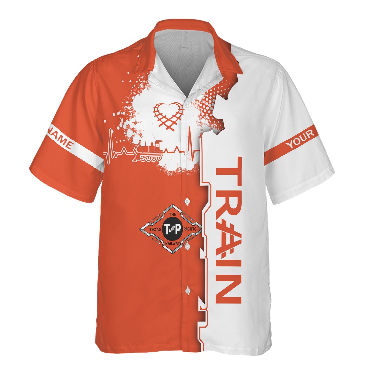 Railspirit Personalized Texas and Pacific Railway Hawaiian Shirt Engine Heartbeat and Track Love Style Shirt Gift Idea For Train Lovers