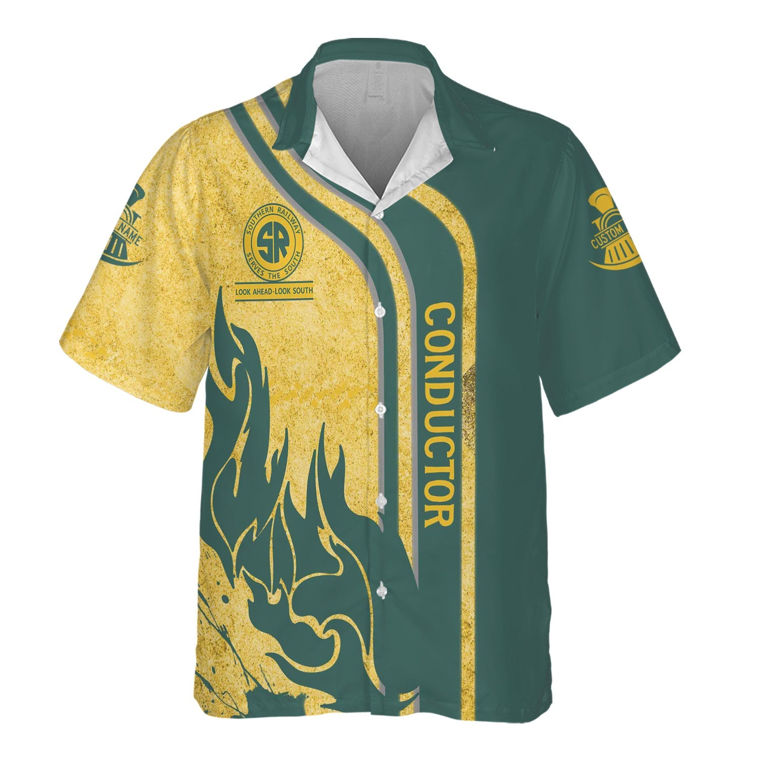 Railspirit Personalized Southern Railway U.S Hawaiian Shirt Flame Design with Custom Job Position SOU Train Shirt