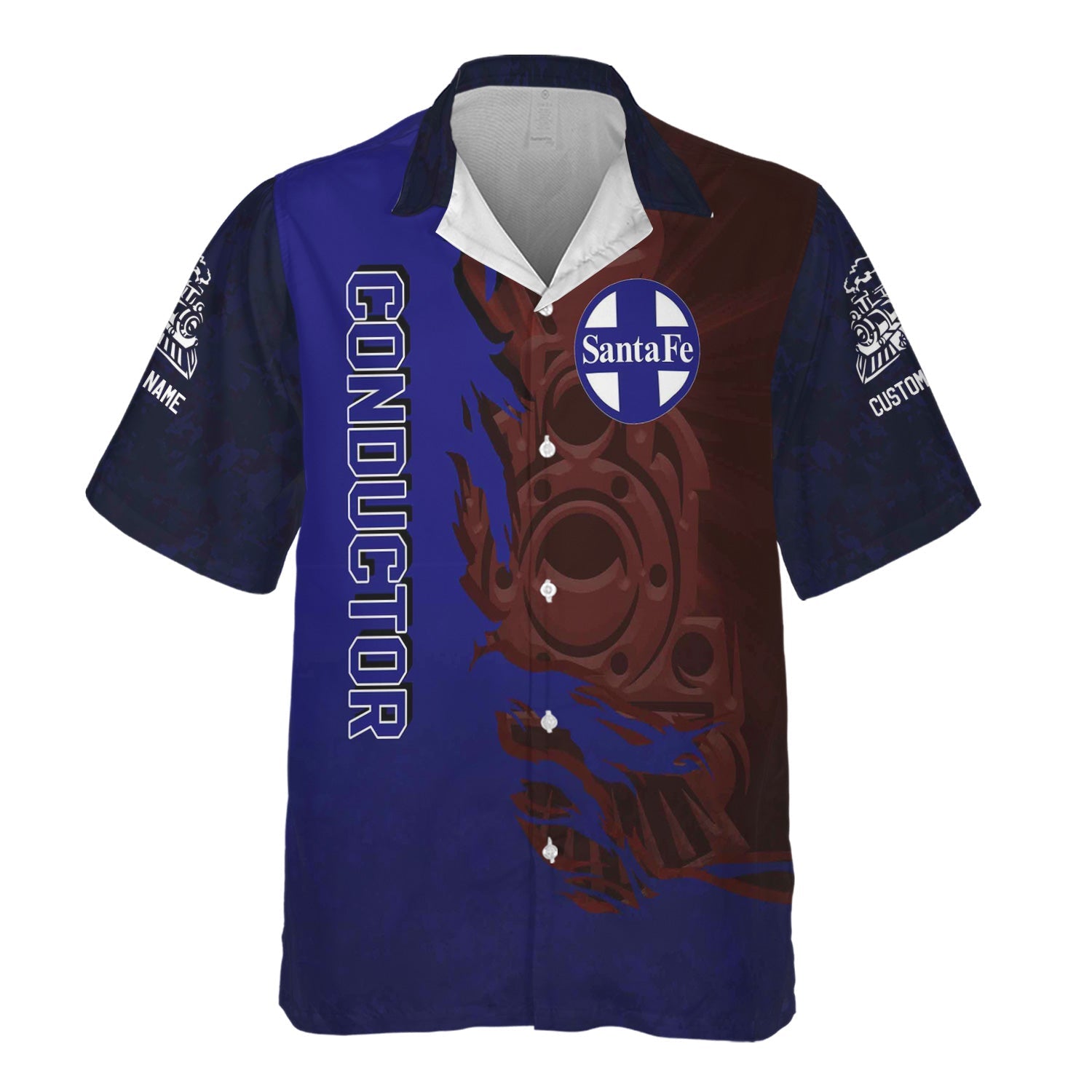 Railspirit Personalized Santa Fe ATSF Railway Hawaiian Shirt Blazing Style with Custom Position Atchison, Topeka and Santa Fe Train Shirt