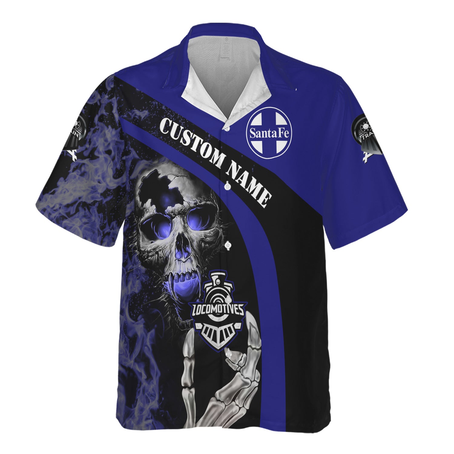 Railspirit Personalized Santa Fe ATSF Railway Hawaiian Shirt Flame Skull Design Atchison, Topeka and Santa Fe Train Shirt for Locomotive Fans