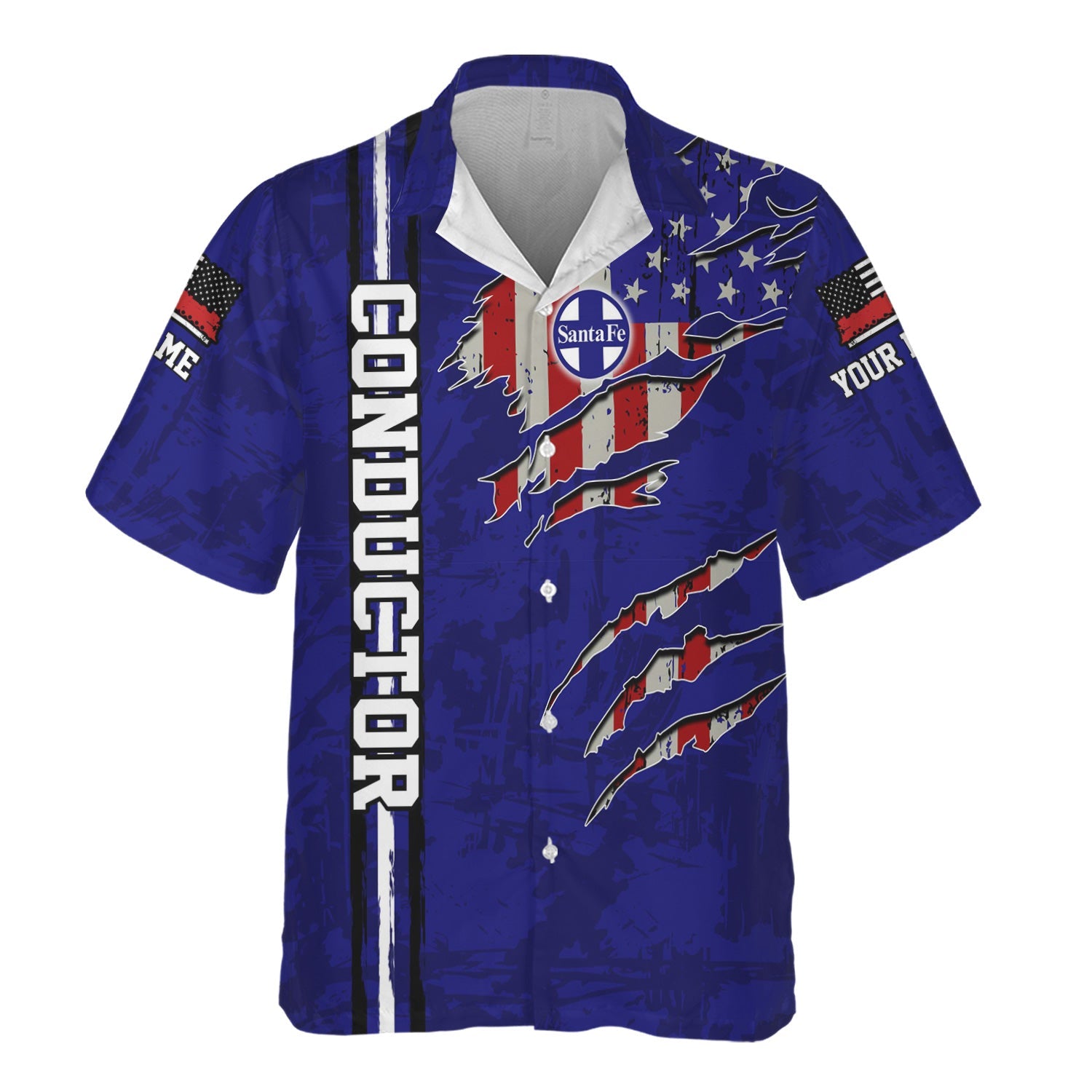 Railspirit Personalized Santa Fe ATSF Railway Hawaiian Shirt USA Flag Claw Art with Custom Job Atchison, Topeka and Santa Fe Train Shirt
