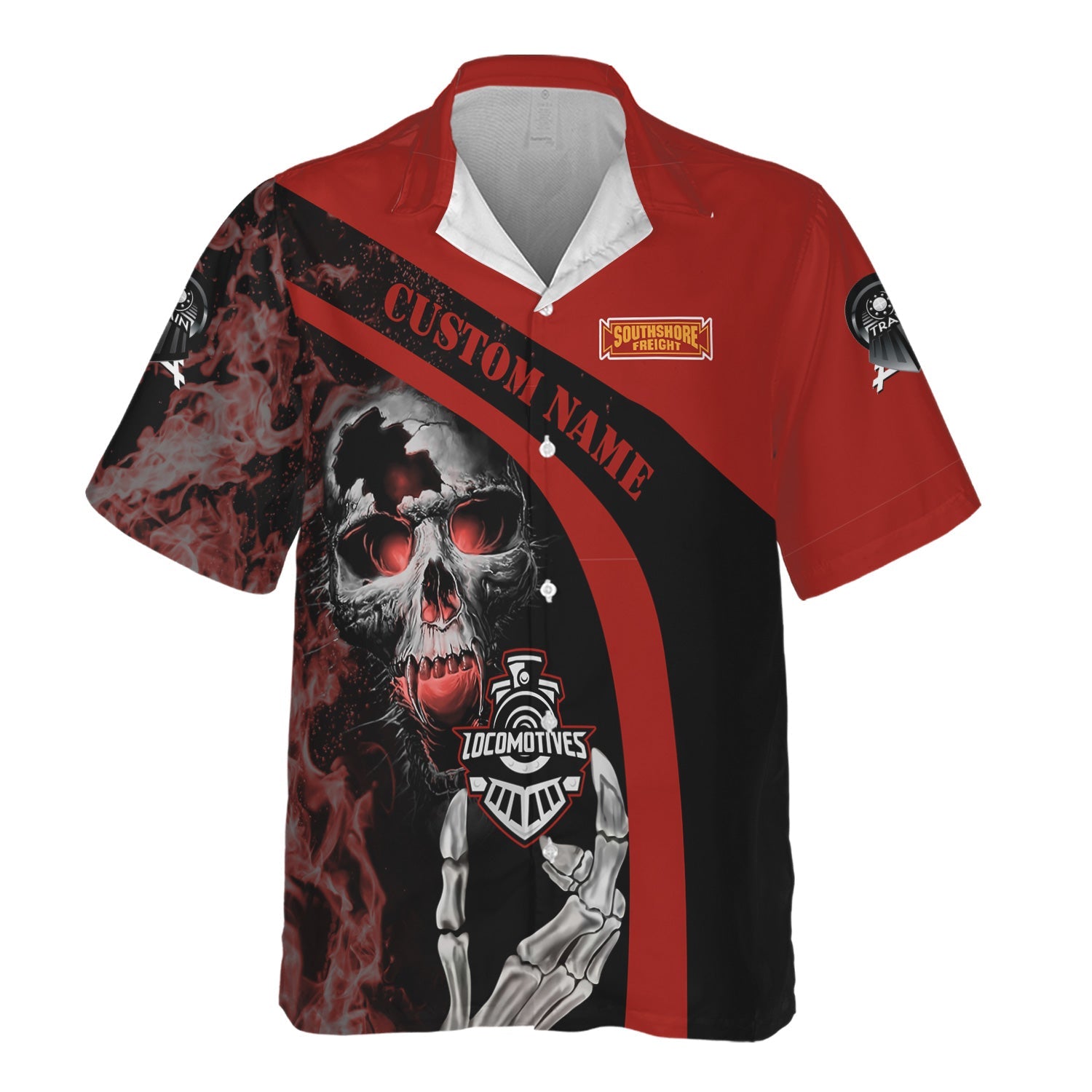 Railspirit Personalized Chicago South Shore and South Bend Railroad Hawaiian Shirt Flame Skull Design Train Shirt for Locomotive Fans