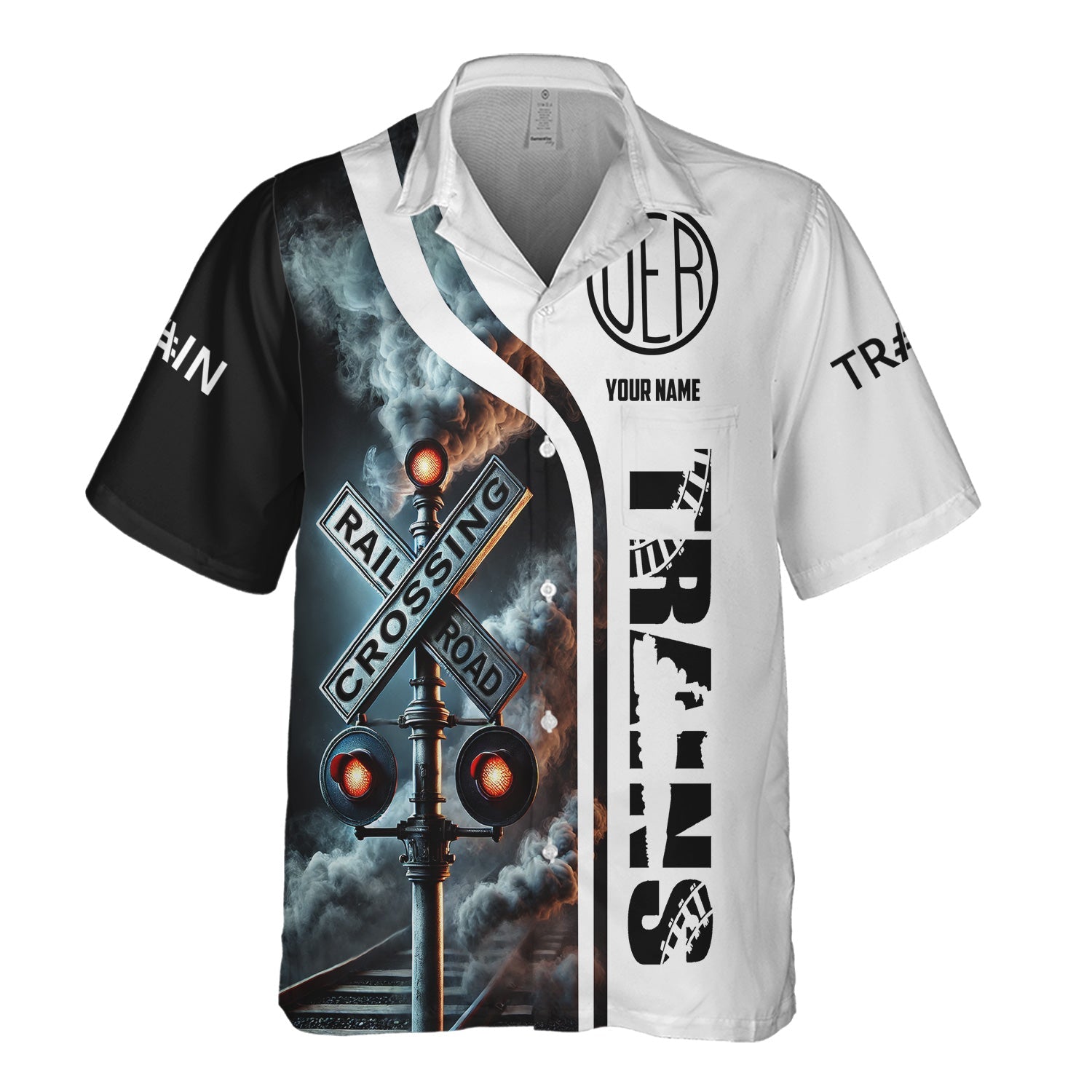 Railspirit Custom Name Union Electric Railway Hawaiian Shirt Railroad Crossing Sign Printed Train Shirt