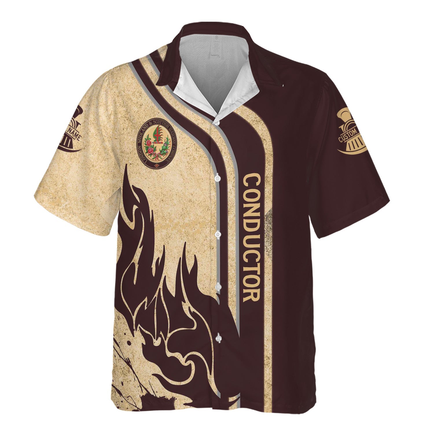 Railspirit Personalized London, Midland and Scottish Railway Hawaiian Shirt Flame Design with Custom Job Position Train Shirt