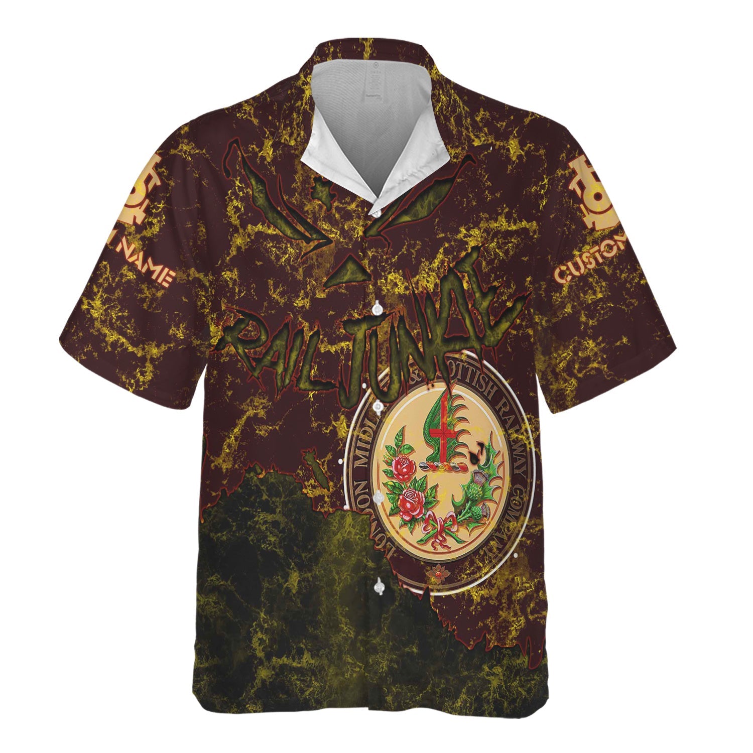 Railspirit Personalized London, Midland and Scottish Railway Hawaiian Shirt Torn Graphic Style Train Shirt For Rail Junkie