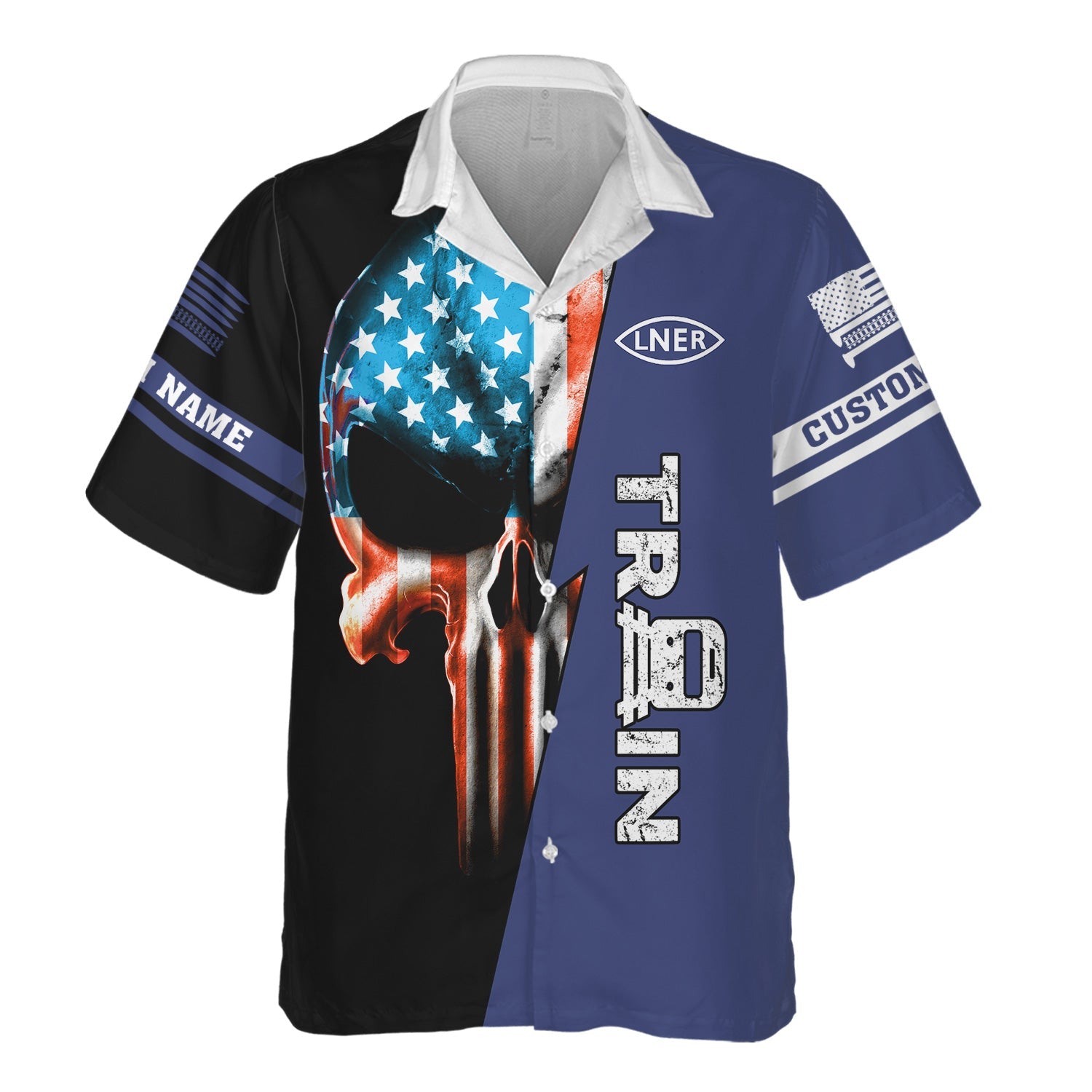 Railspirit Personalized London and North Eastern Railway Hawaiian Shirt Train Skull American Flag Shirt All Over Print