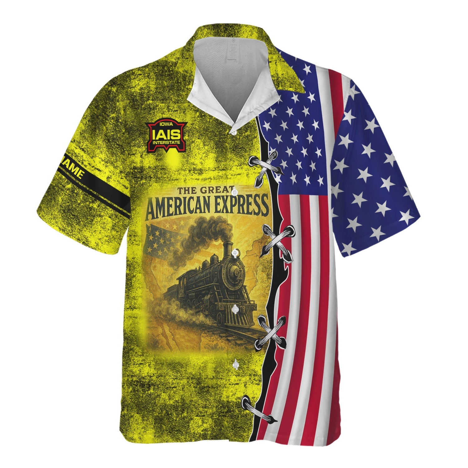 Railspirit Personalized Iowa Interstate Railroad Hawaiian Shirt Retro American Express Train With USA Flag IAIS Shirt