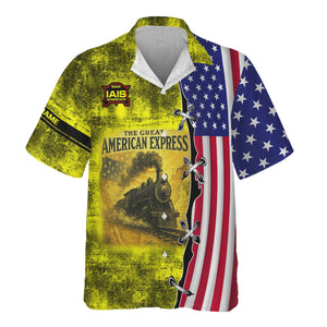 Railspirit Personalized Iowa Interstate Railroad Hawaiian Shirt Retro American Express Train With USA Flag IAIS Shirt