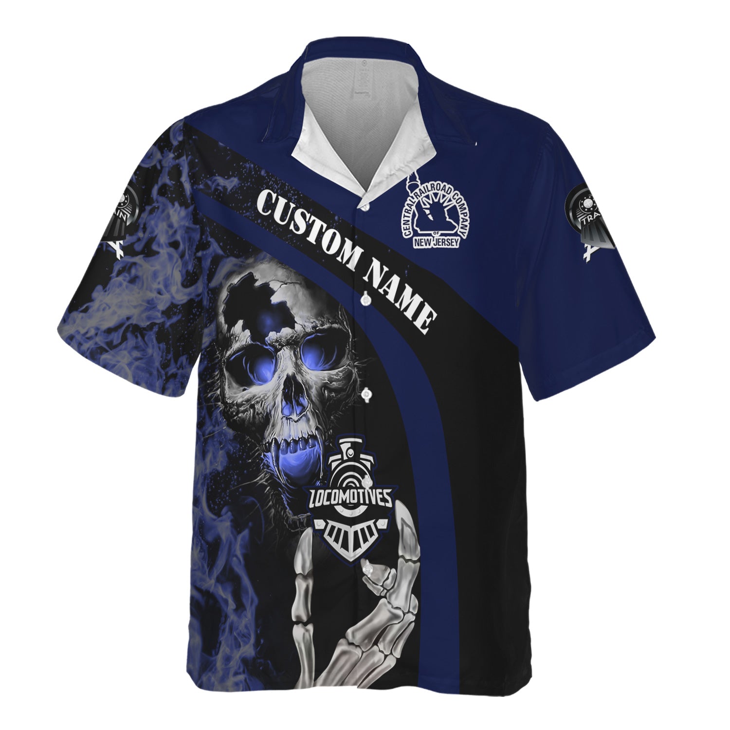 Railspirit Personalized Jersey Central Railroad Hawaiian Shirt Flame Skull Design CNJ Train Shirt for Locomotive Fans