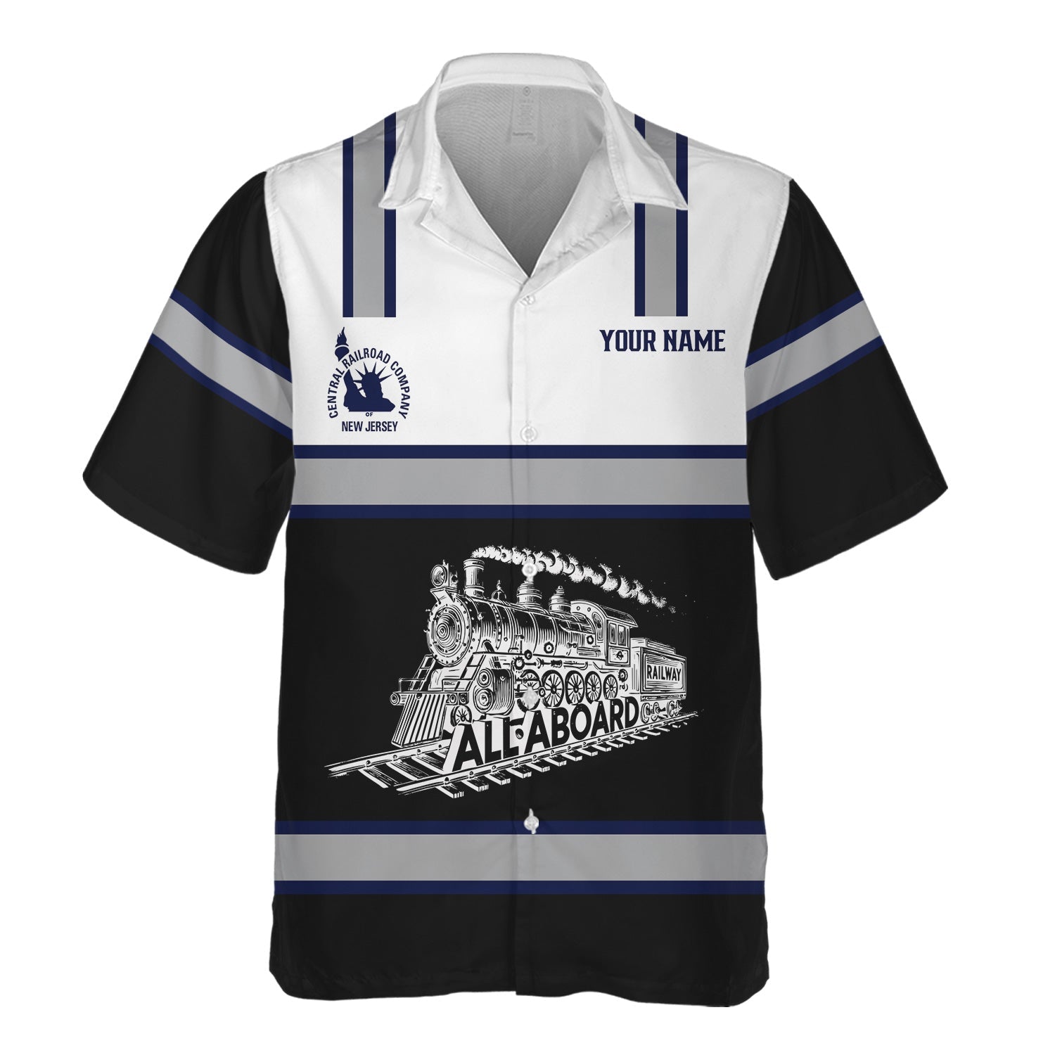 Railspirit Custom Name CNJ Jersey Central Railroad Hawaiian Shirt Eat Train Sleep Repeat Printed Train Shirt