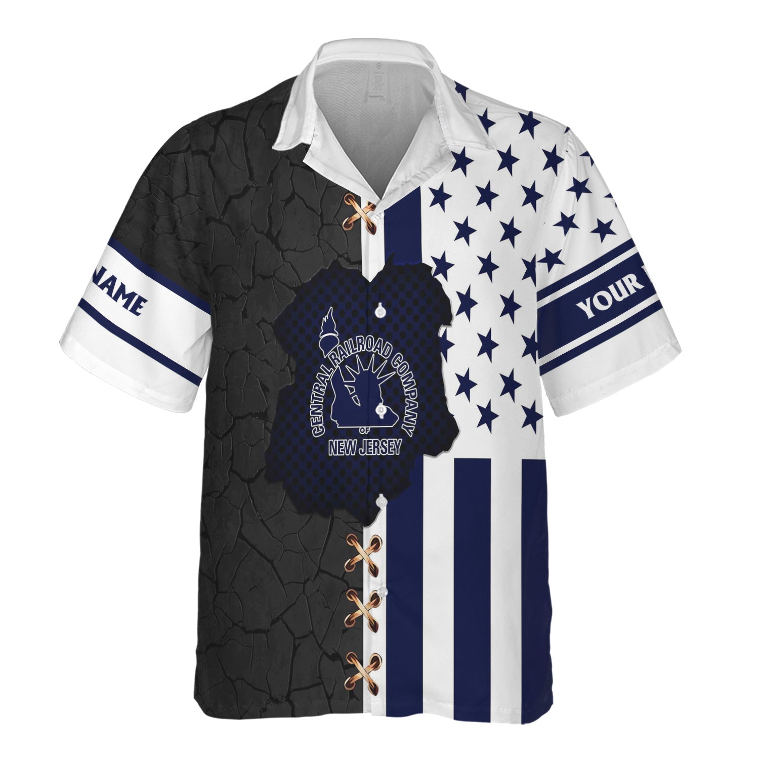 Railspirit Personalized Jersey Central Railroad Hawaiian Shirt American Flag with Crack Effect CNJ Train Shirt