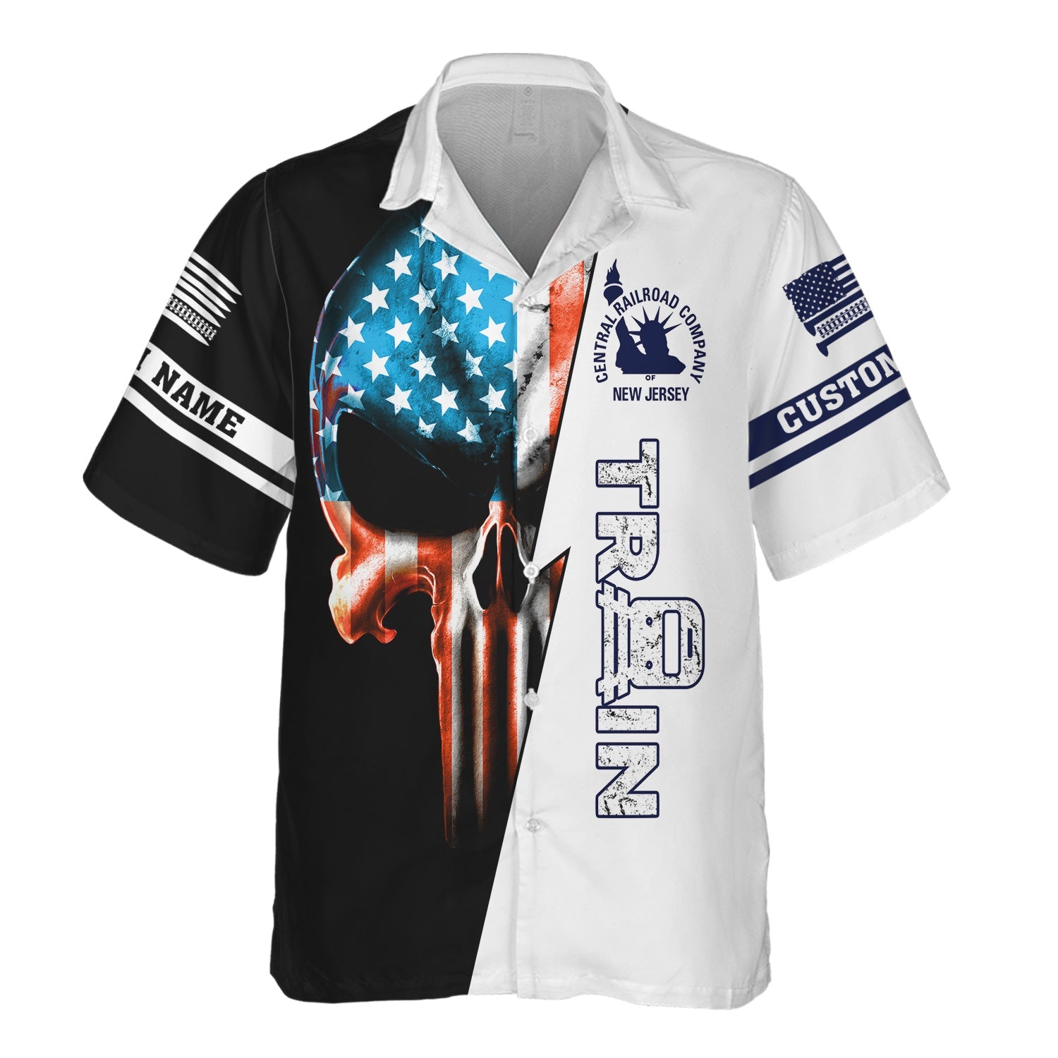 Railspirit Personalized CNJ Jersey Central Railroad Hawaiian Shirt Train Skull American Flag Shirt All Over Print