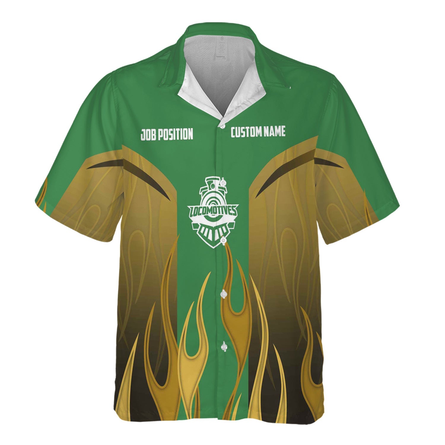 Railspirit Custom Name and Job Title Burlington Northern Railroad Hawaiian Shirt Flame Graphic Train Shirt For Rail Workers