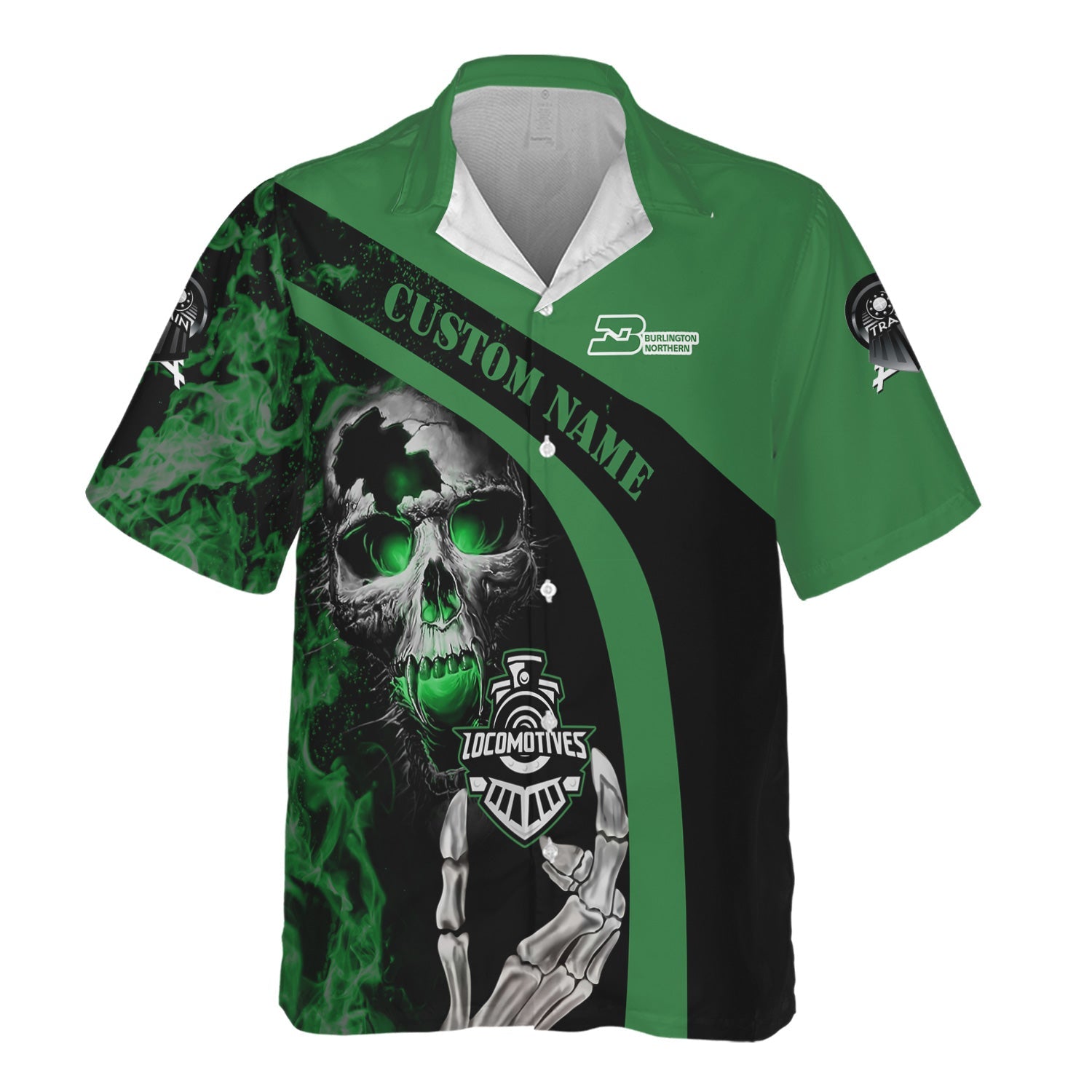 Railspirit Personalized Burlington Northern Railroad Hawaiian Shirt Flame Skull Design Train Shirt for Locomotive Fans