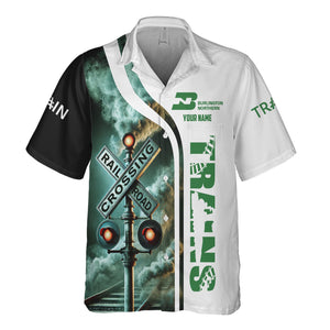 Railspirit Custom Name Burlington Northern Railroad Hawaiian Shirt Railroad Crossing Sign Printed Train Shirt