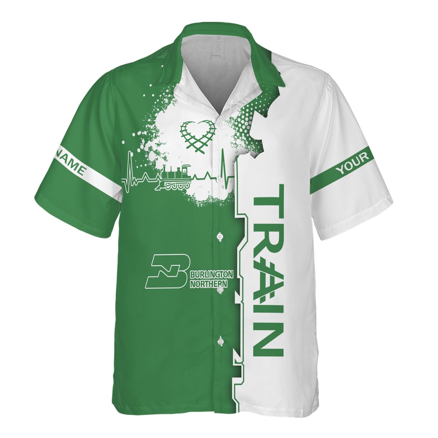 Railspirit Personalized Burlington Northern Railroad Hawaiian Shirt Engine Heartbeat and Track Love Style Shirt Gift Idea For Train Lovers