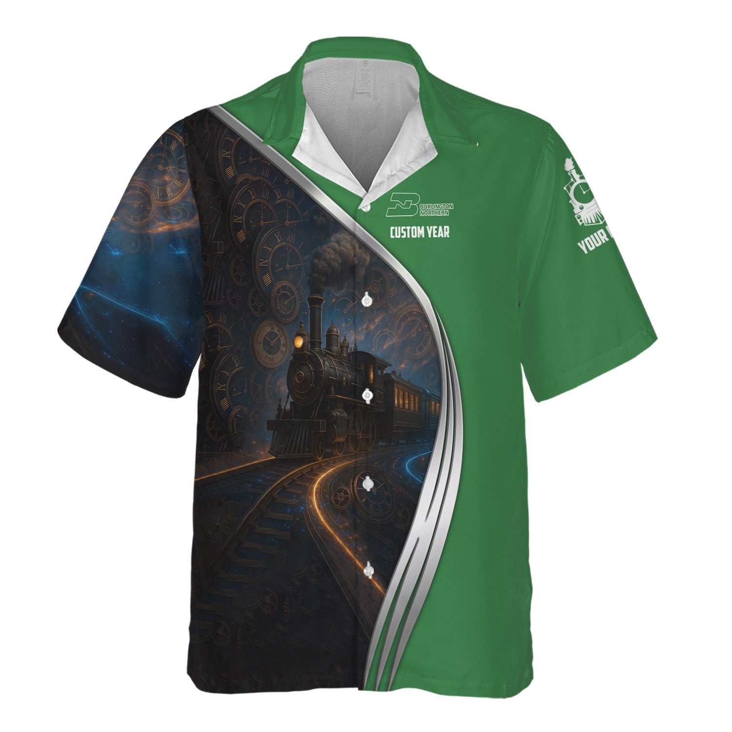Railspirit Personalized Burlington Northern Railroad Hawaiian Shirt Steampunk Locomotive with Custom Year Train Shirt
