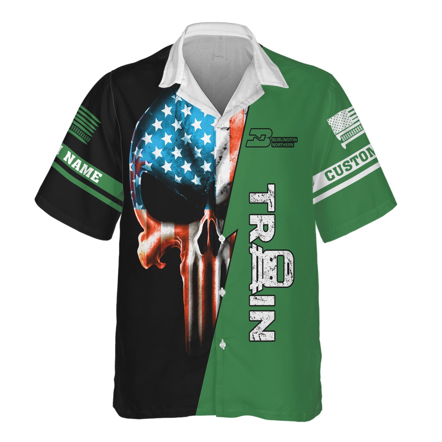 Railspirit Personalized Burlington Northern Railroad Hawaiian Shirt Train Skull American Flag Shirt All Over Print