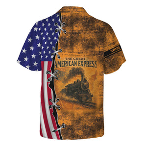 Railspirit Personalized Genesee & Wyoming Inc. Railroad Hawaiian Shirt Retro American Express Train With USA Flag Shirt