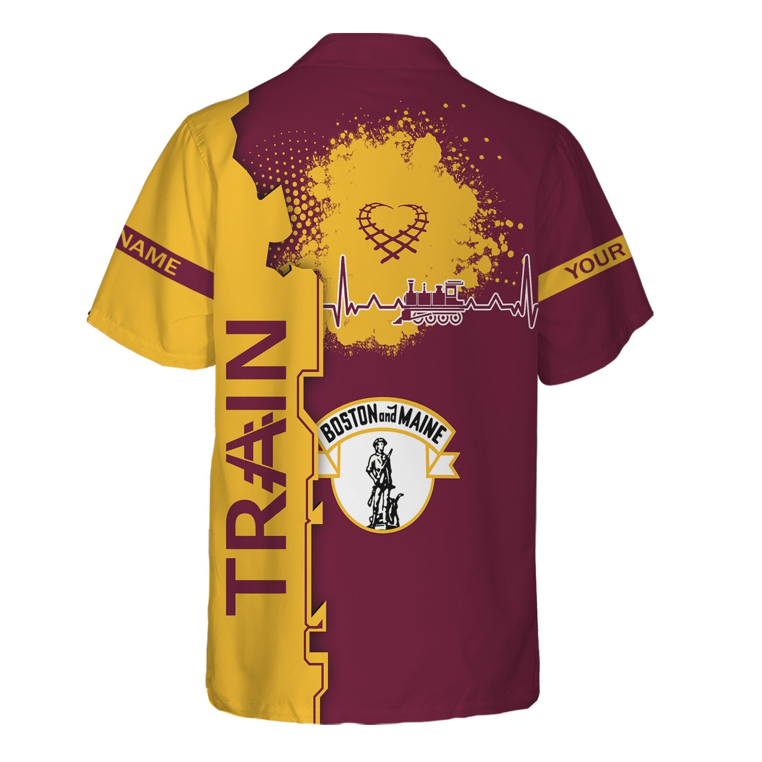 Railspirit Personalized Boston and Maine Railroad Hawaiian Shirt Engine Heartbeat and Track Love Style Shirt Gift Idea For Train Lovers