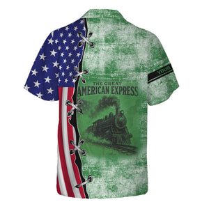 Railspirit Personalized Burlington Northern Railroad Hawaiian Shirt Retro American Express Train With USA Flag Shirt