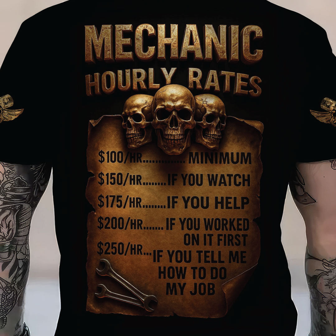 Personalized Mechanic Shirt, Mechanic Hourly Rates, Vintage Skull Design, Gift For Men