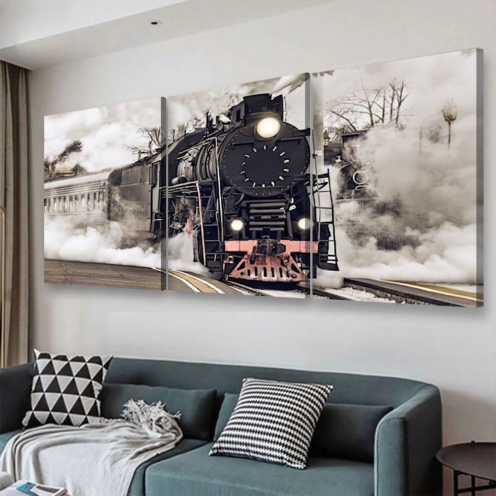 Steam Train Industrial, Multi Canvas Painting Ideas, Multi Piece Panel Canvas Housewarming Gift Ideas Canvas Canvas Gallery Painting Framed Prints, Canvas Paintings Multi Panel Canvas 3PIECE(48x24)