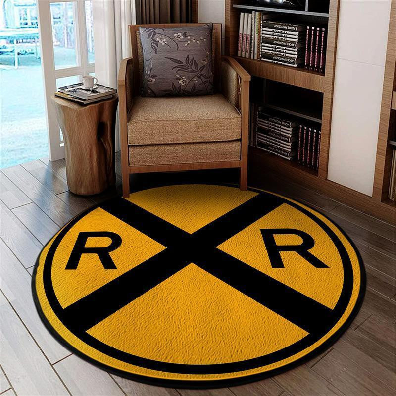 Railspirit Railway Living Room Round Mat Railway Crossing Circle Rug