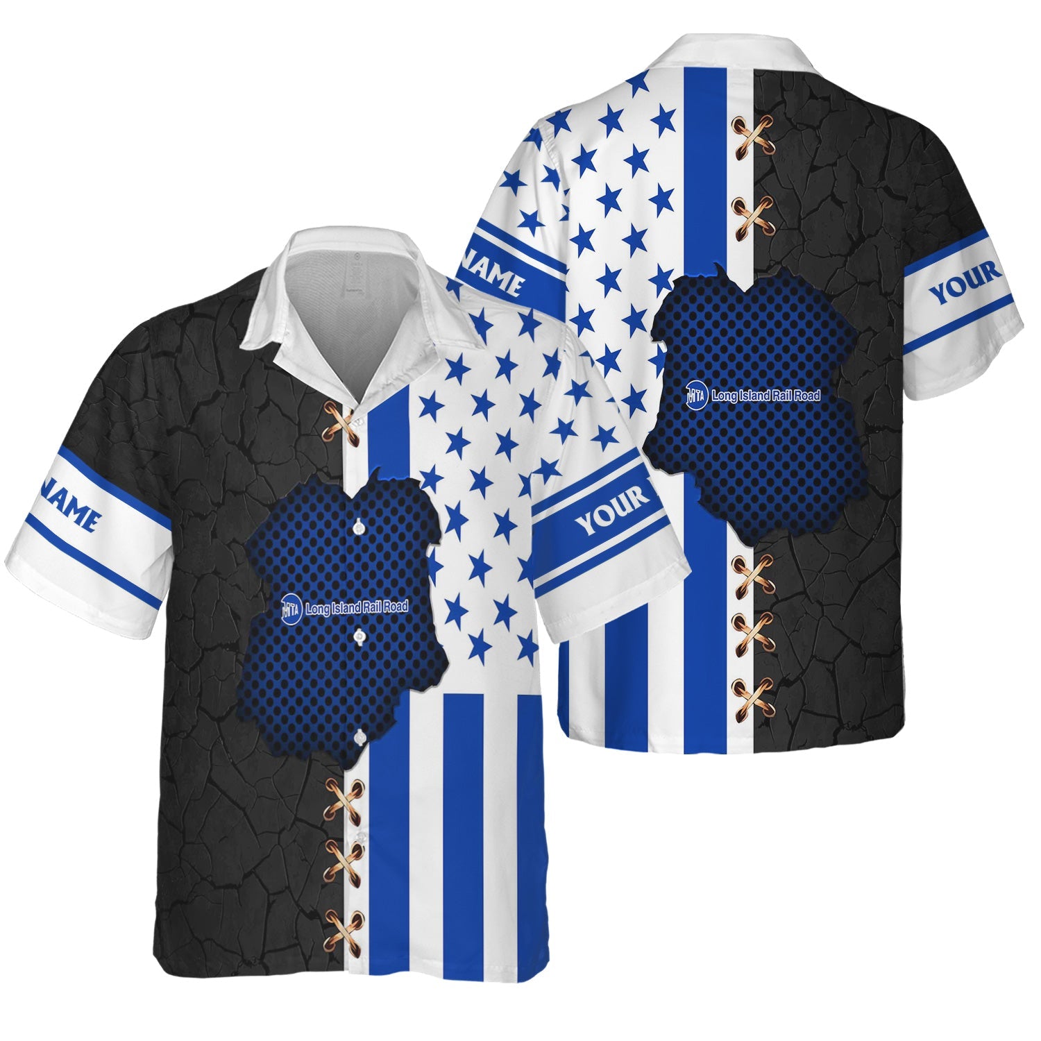 Railspirit Personalized Long Island Railroad Hawaiian Shirt American Flag with Crack Effect Train Shirt