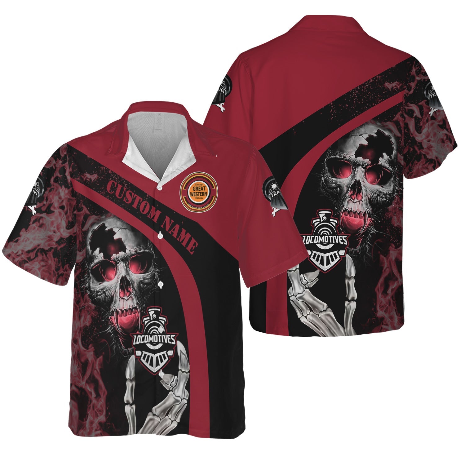 Railspirit Personalized Chicago Great Western Railroad Hawaiian Shirt Flame Skull Design Train Shirt for Locomotive Fans