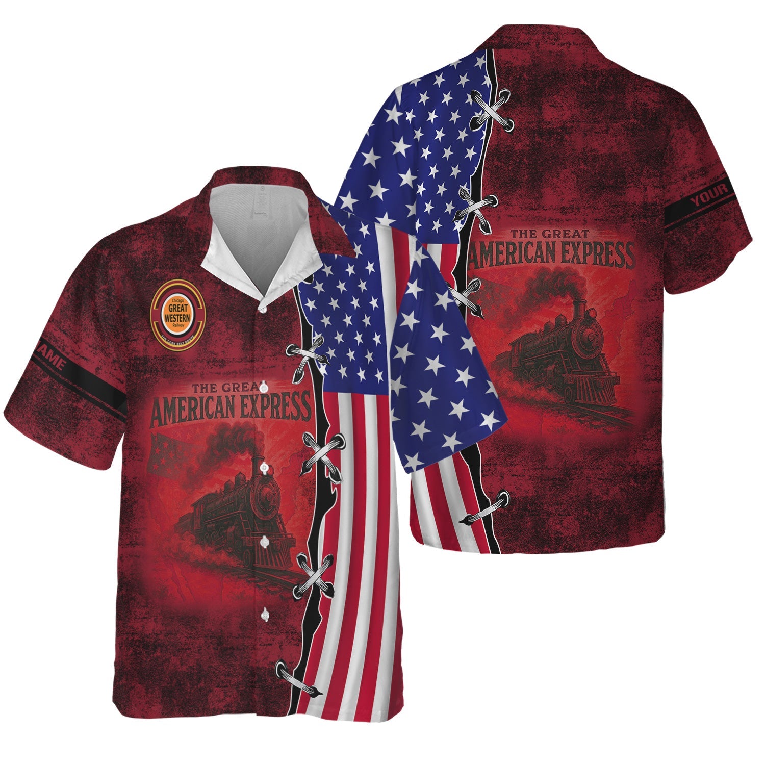 Railspirit Personalized Chicago Great Western Railroad Hawaiian Shirt Retro American Express Train With USA Flag Shirt