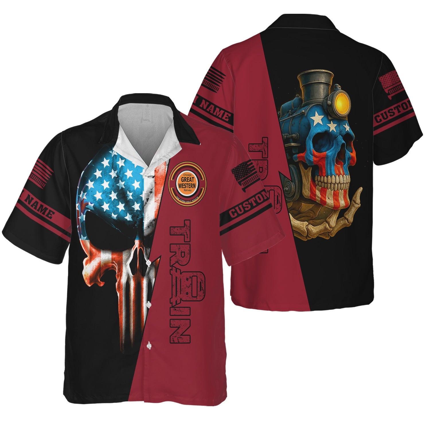 Railspirit Personalized Chicago Great Western Railroad Hawaiian Shirt Train Skull American Flag Shirt All Over Print