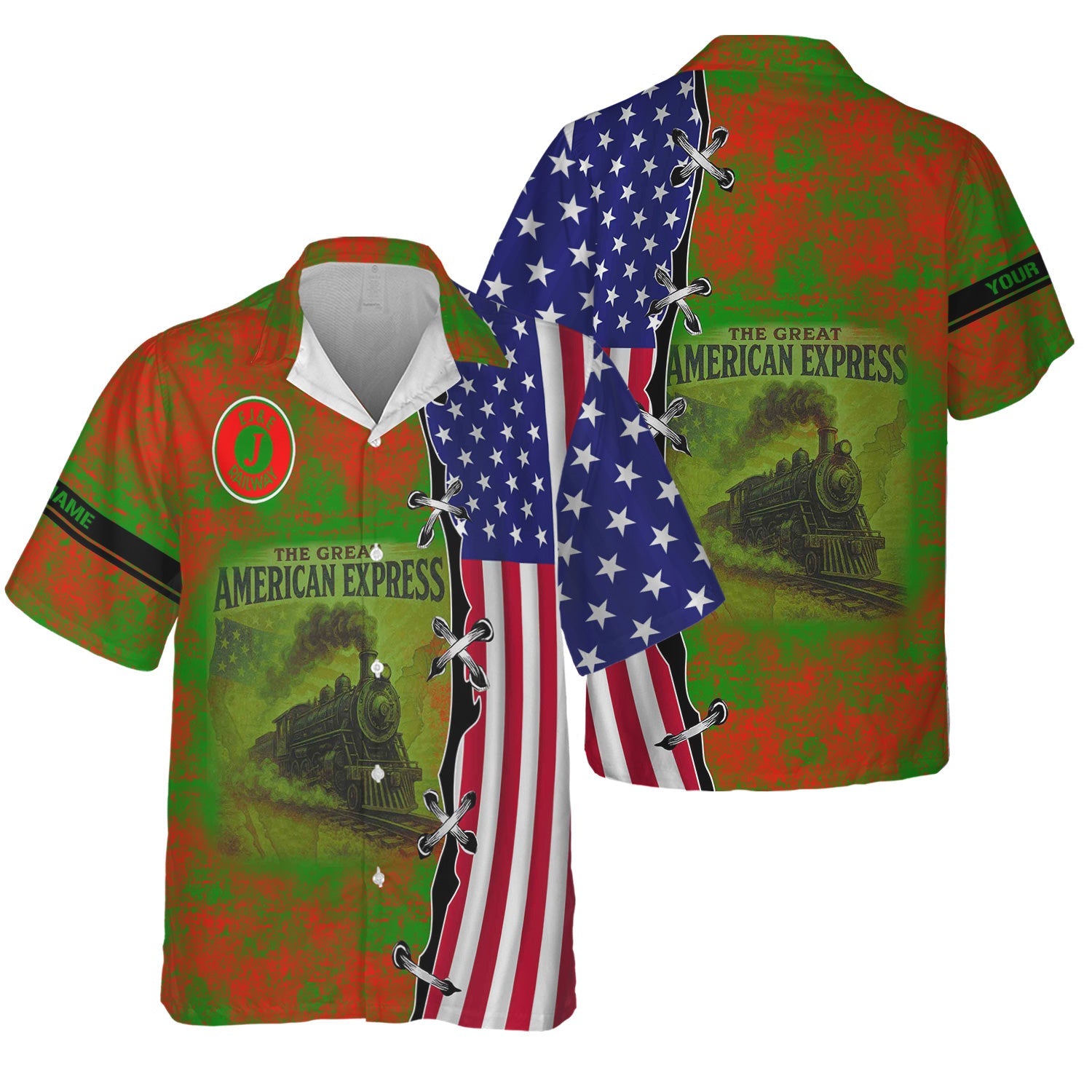 Railspirit Personalized Elgin Joliet And Eastern Railroad Hawaiian Shirt Retro American Express Train With USA Flag Shirt