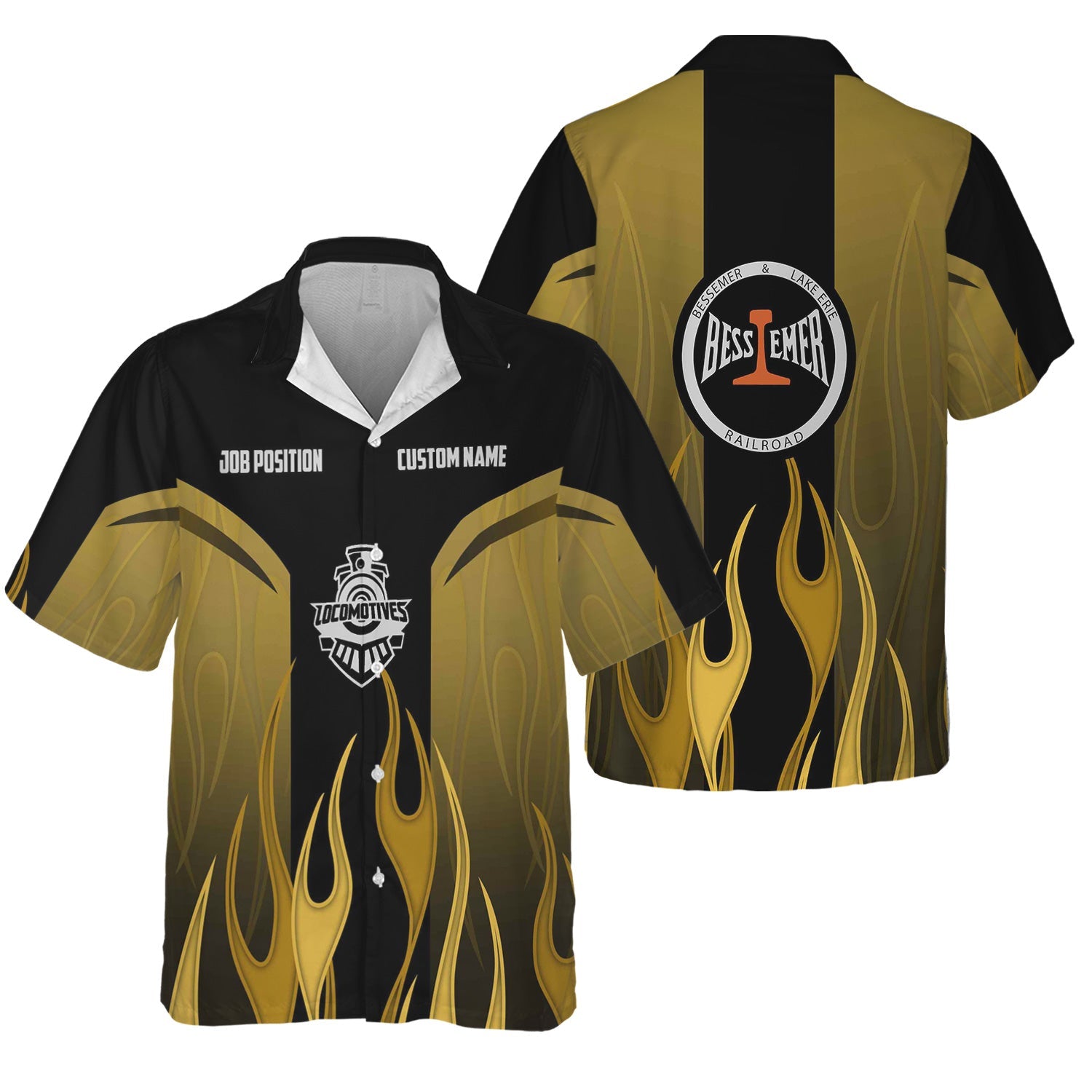 Railspirit Custom Name and Job Title Bessemer And Lake Erie Railroad Hawaiian Shirt Flame Graphic Train Shirt For Rail Workers