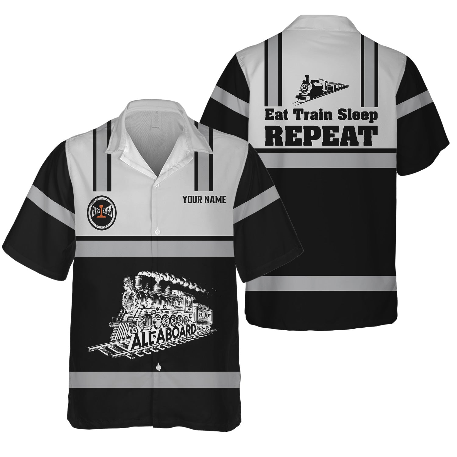 Railspirit Custom Name Bessemer And Lake Erie Railroad Hawaiian Shirt Eat Train Sleep Repeat Printed Train Shirt
