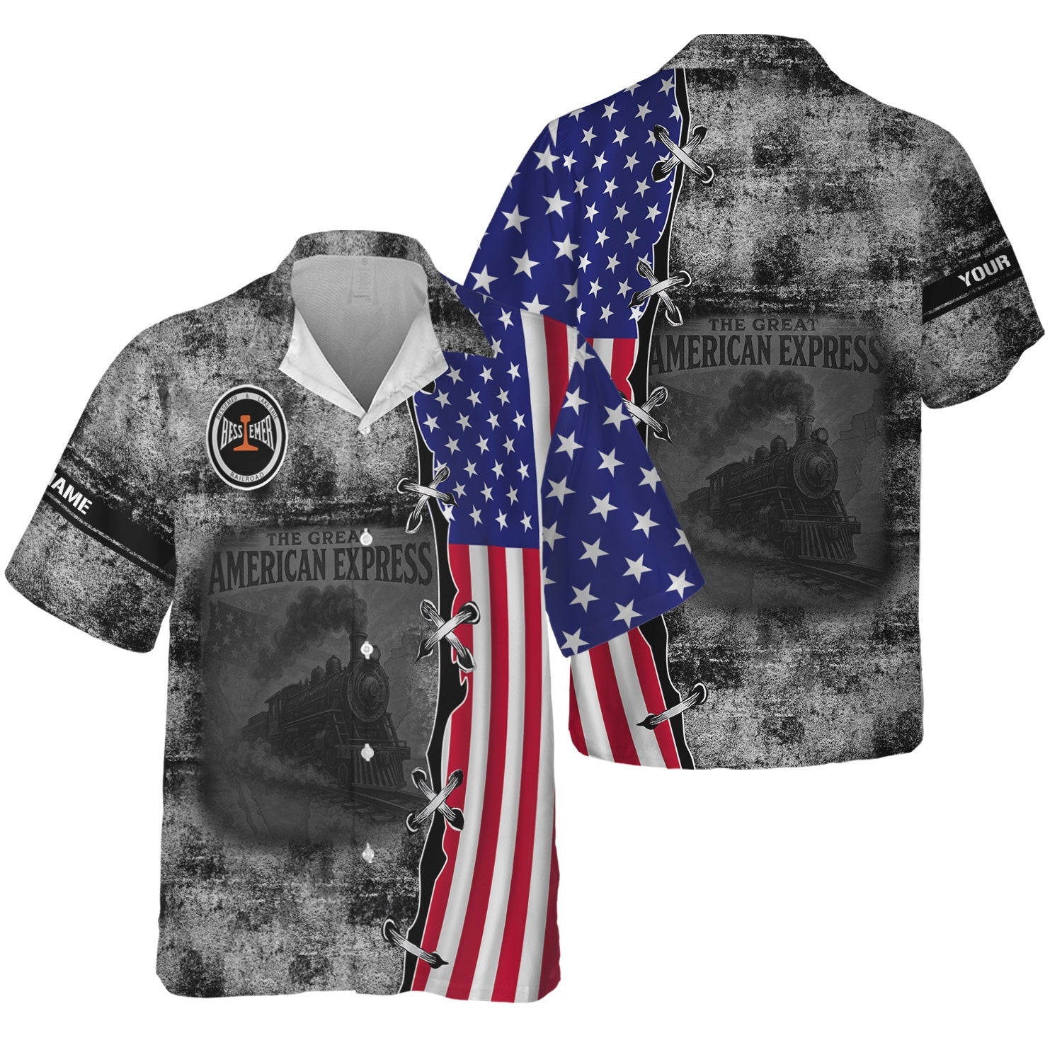 Railspirit Personalized Bessemer And Lake Erie Railroad Hawaiian Shirt Retro American Express Train With USA Flag Shirt