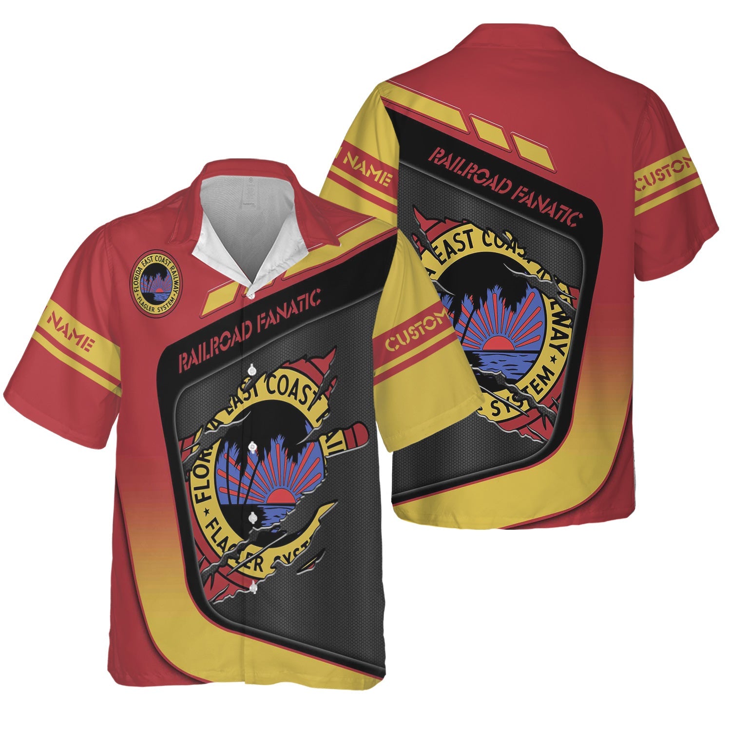 Railspirit Personalized Florida East Coast Railway Hawaiian Shirt Ripped Texture Style Train Shirt For Railroad Fanatic