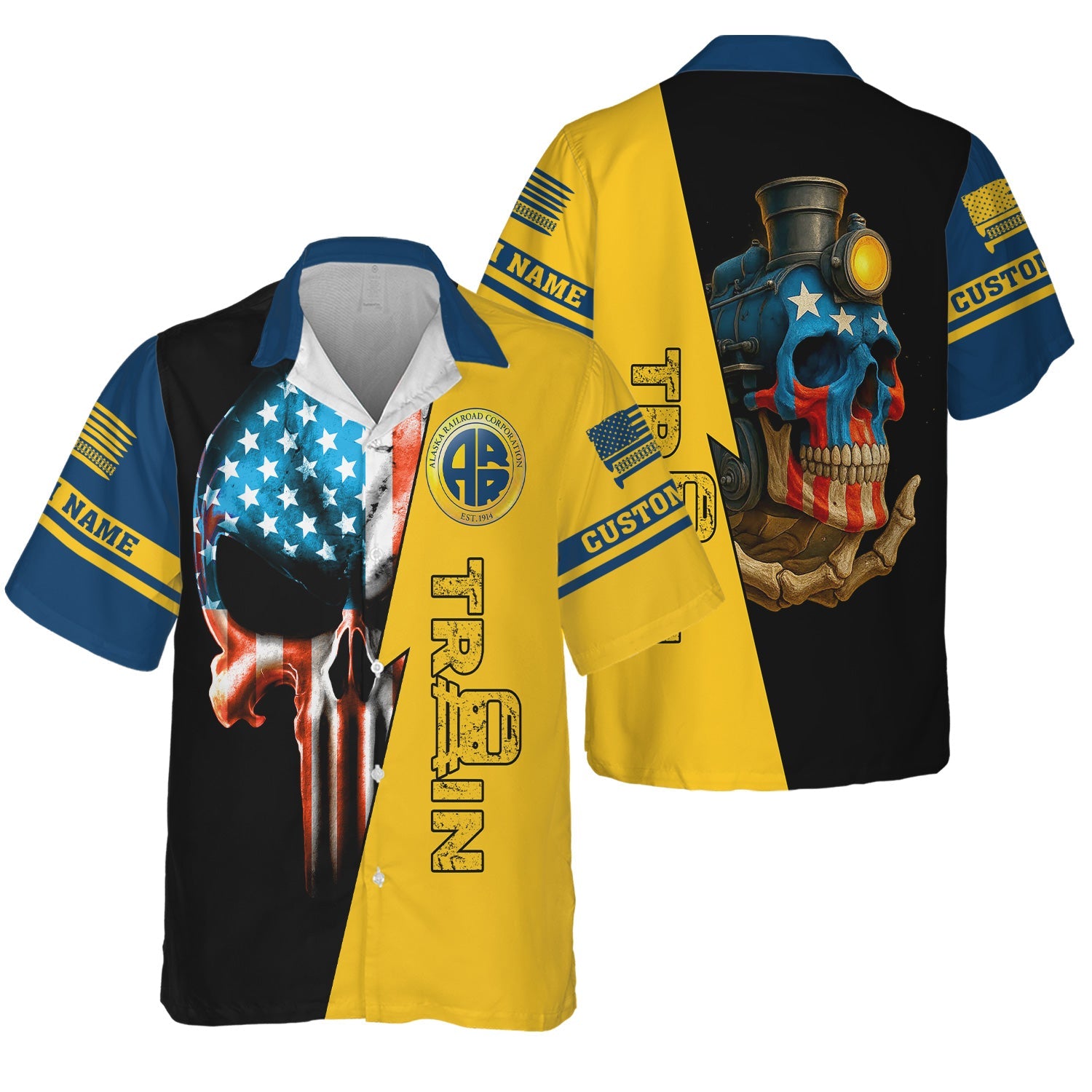 Railspirit Personalized Alaska Railroad Hawaiian Shirt Train Skull American Flag Shirt All Over Print