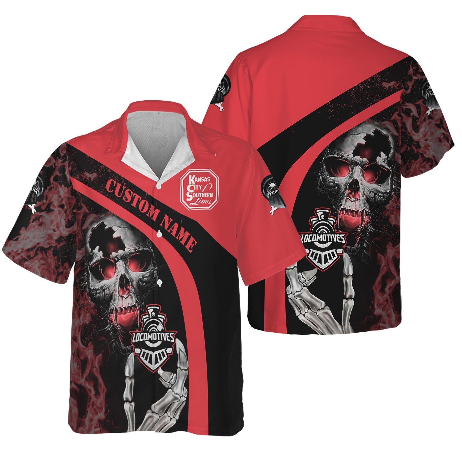 Railspirit Personalized Kansas City Southern Hawaiian Shirt Flame Skull Design Train Shirt for Locomotive Fans