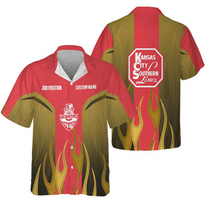 Railspirit Custom Name and Job Title Kansas City Southern Hawaiian Shirt Flame Graphic Train Shirt For Rail Workers