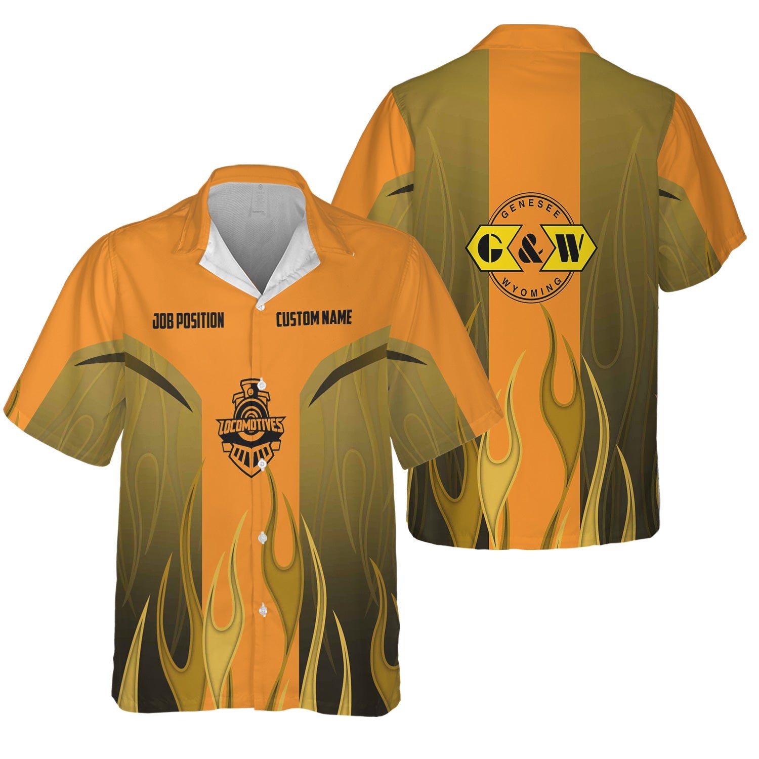 Railspirit Custom Name and Job Title Genesee & Wyoming Inc. Railroad Hawaiian Shirt Flame Graphic Train Shirt For Rail Workers