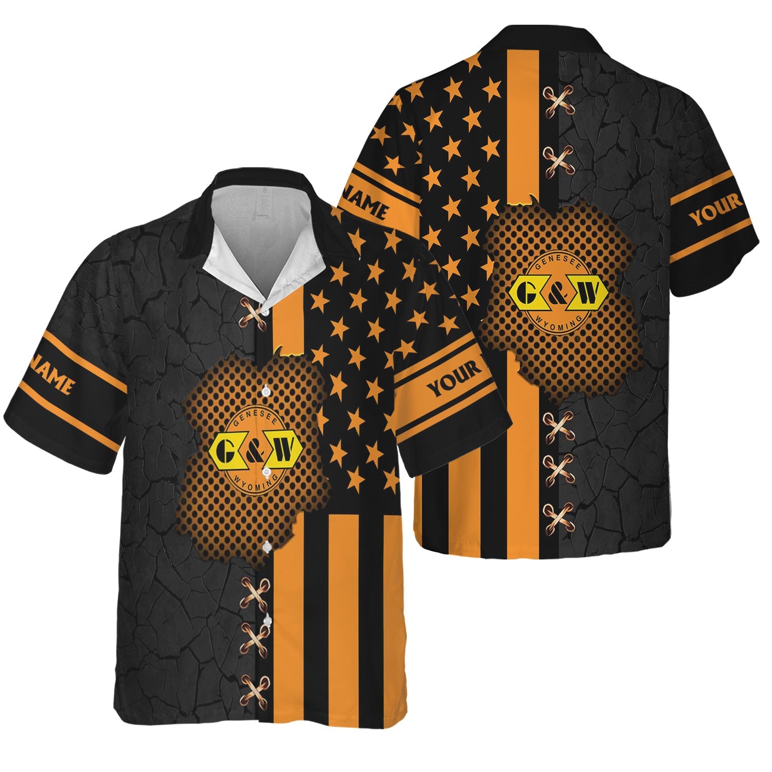 Railspirit Personalized Genesee & Wyoming Inc. Railroad Hawaiian Shirt American Flag with Crack Effect Train Shirt