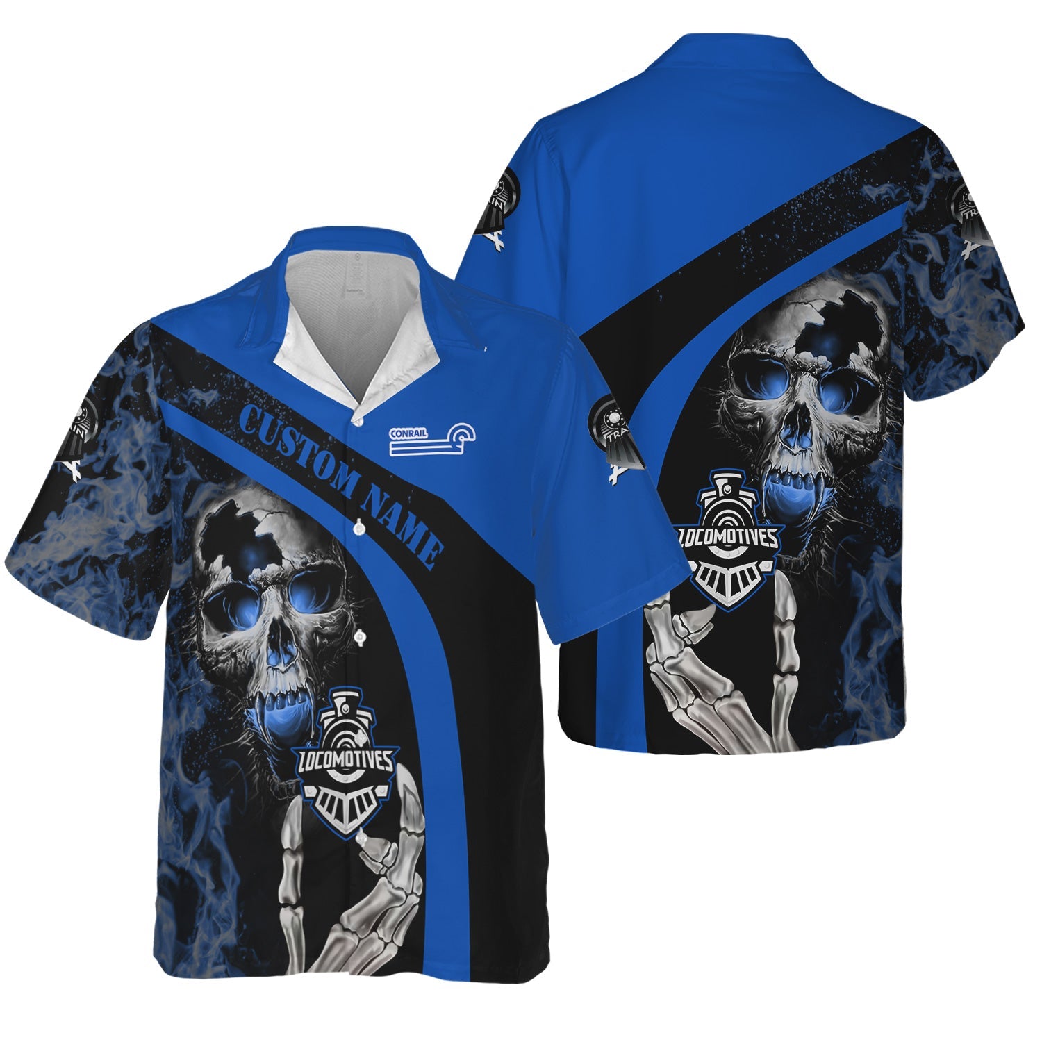 Railspirit Personalized Conrail Railroad Hawaiian Shirt Flame Skull Design Train Shirt for Locomotive Fans