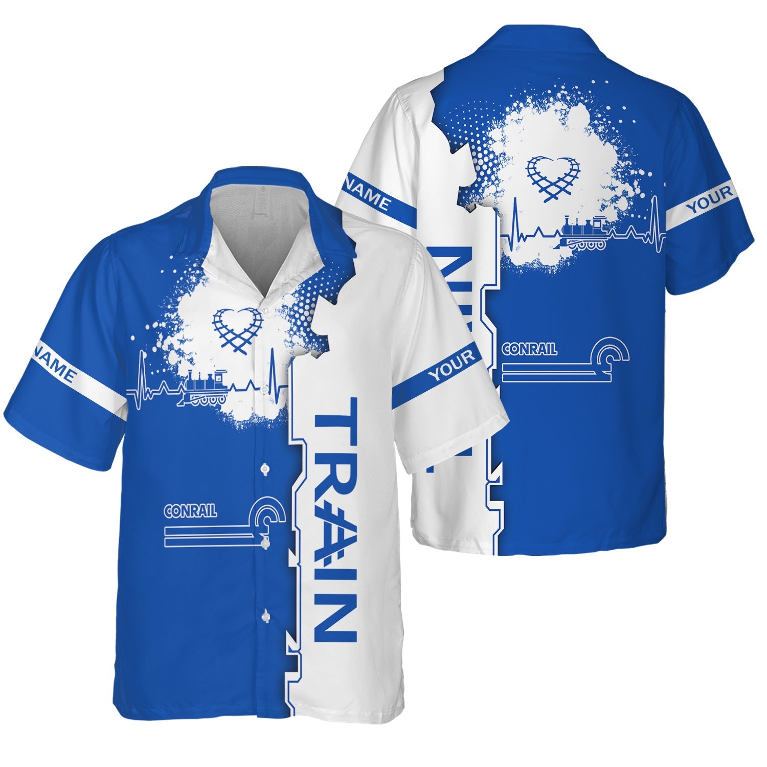 Railspirit Personalized Conrail Railroad Hawaiian Shirt Engine Heartbeat and Track Love Style Shirt Gift Idea For Train Lovers