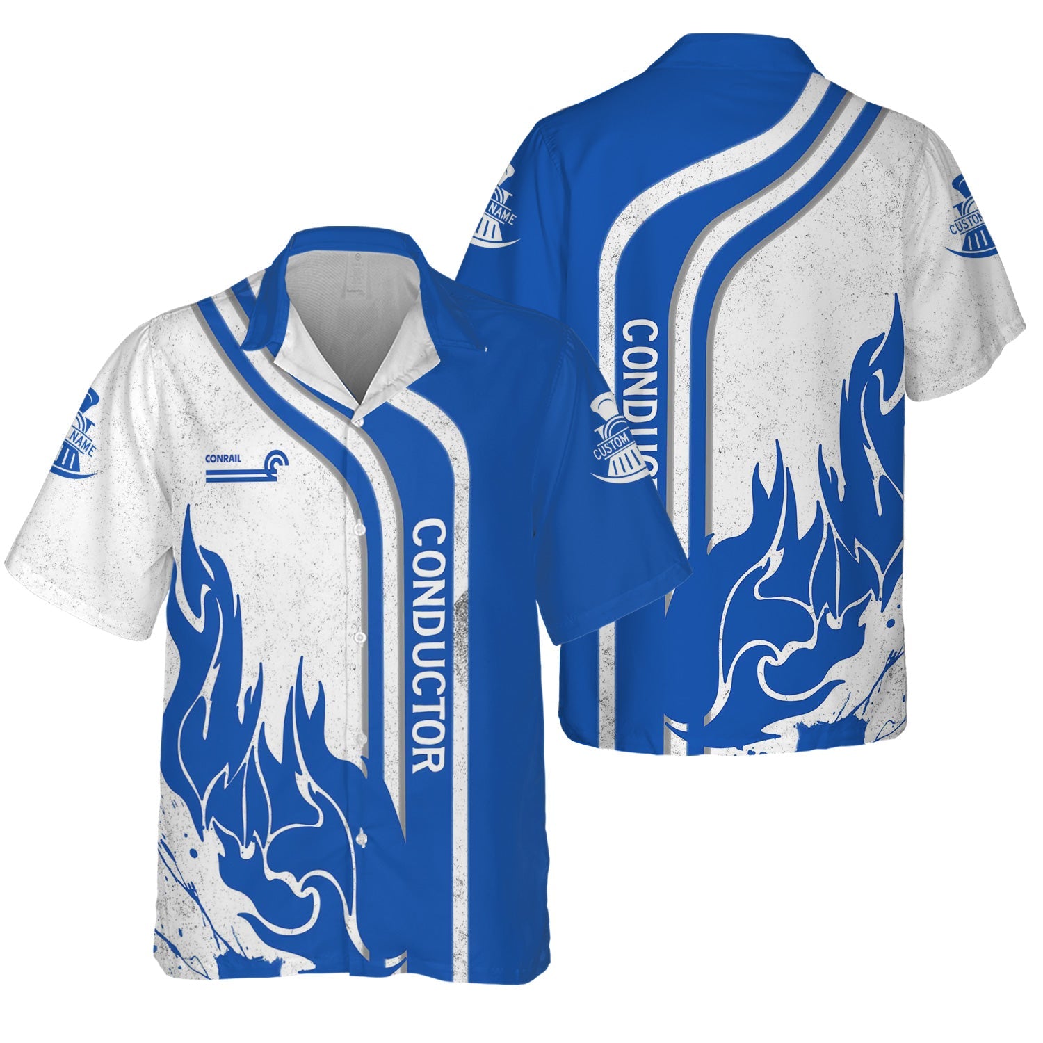 Railspirit Personalized Conrail Railroad Hawaiian Shirt Flame Design with Custom Job Position Train Shirt