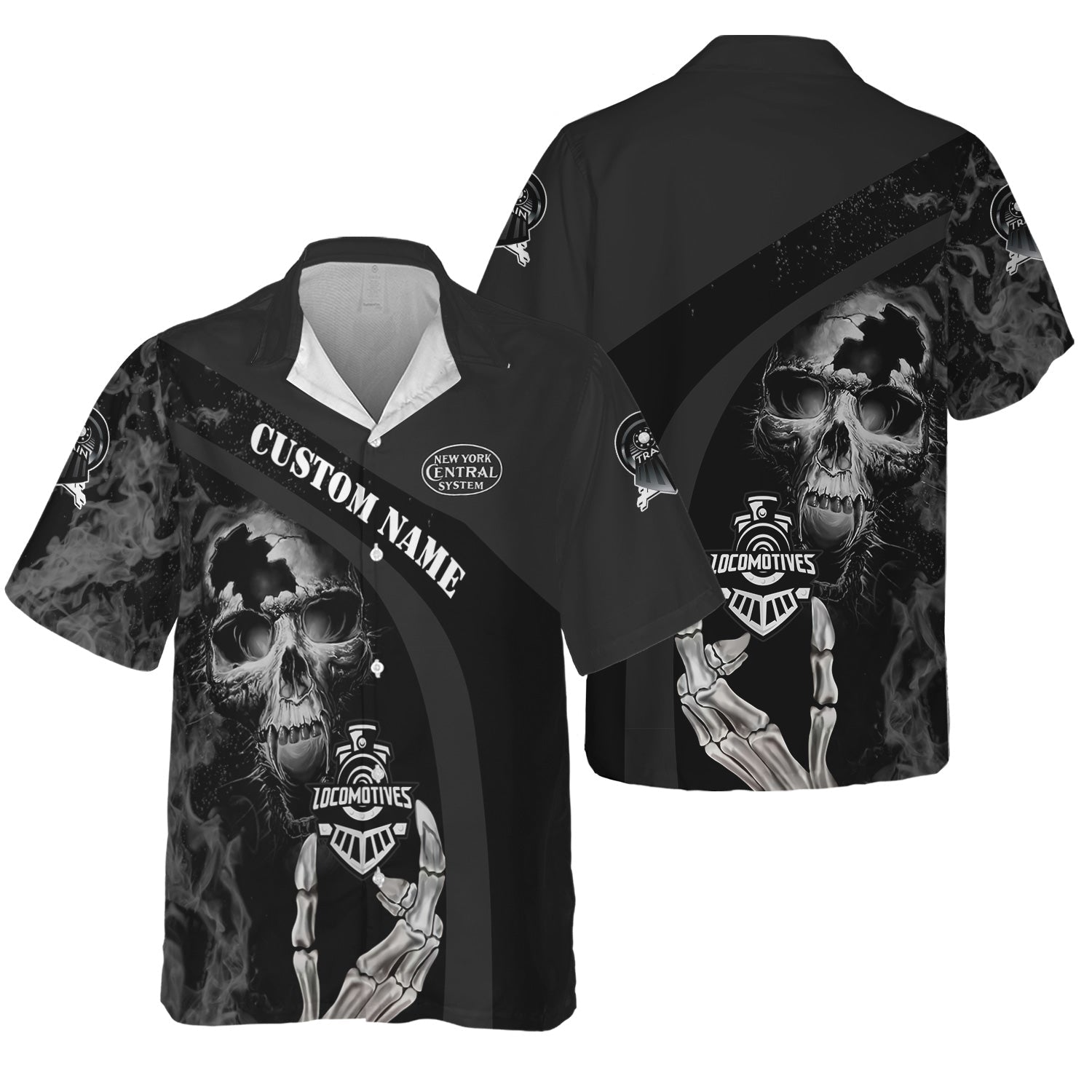 Railspirit Personalized New York Central Railroad Hawaiian Shirt Flame Skull Design Train Shirt for Locomotive Fans