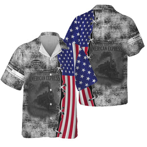 Railspirit Personalized New York Central Railroad Hawaiian Shirt Retro American Express Train With USA Flag Shirt