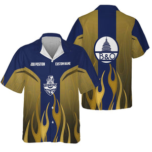 Railspirit Custom Name and Job Title Baltimore and Ohio Railroad Hawaiian Shirt Flame Graphic B&O Train Shirt For Rail Workers